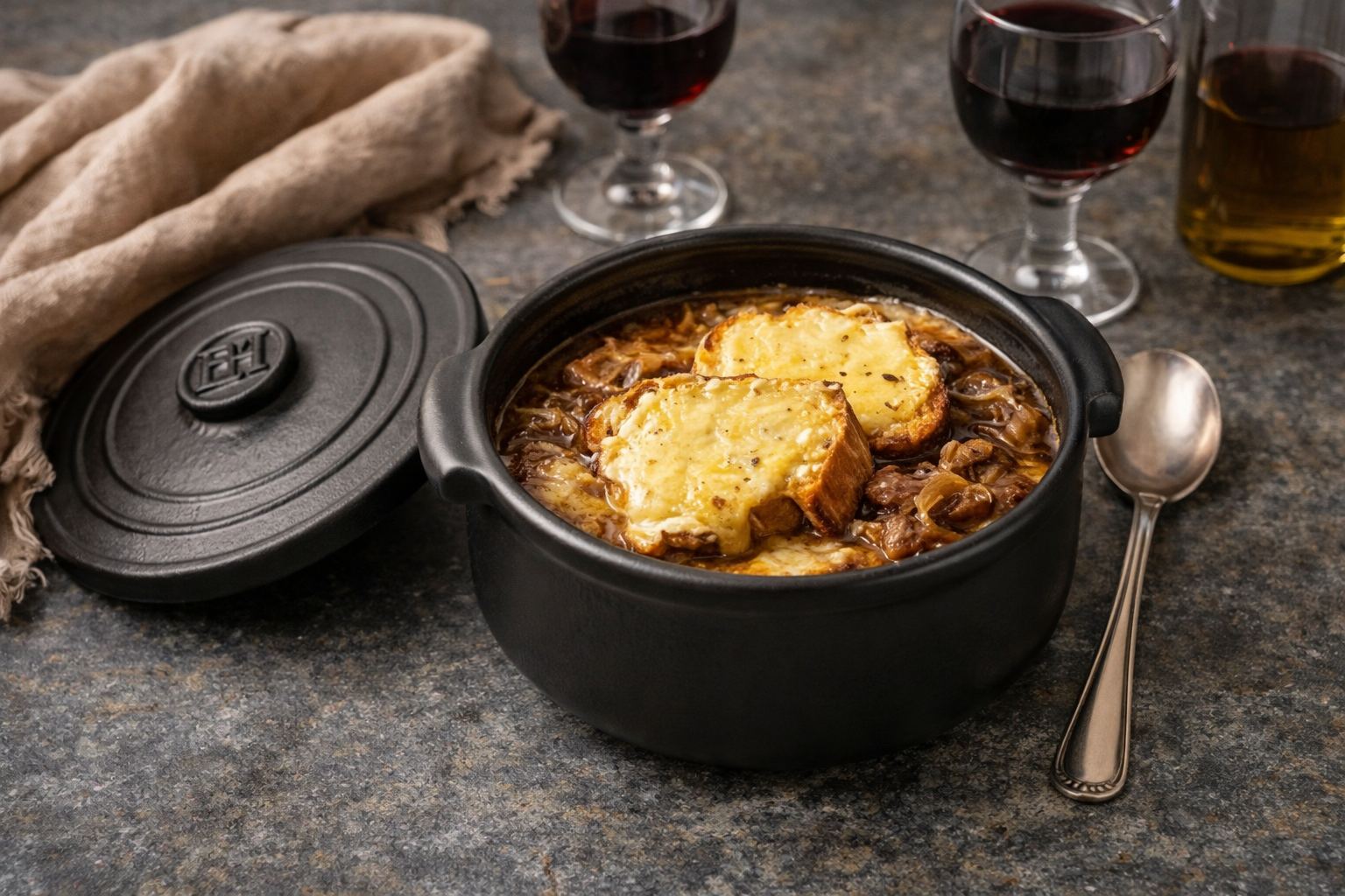 French Onion Beef Stew with Cheesy Croûte