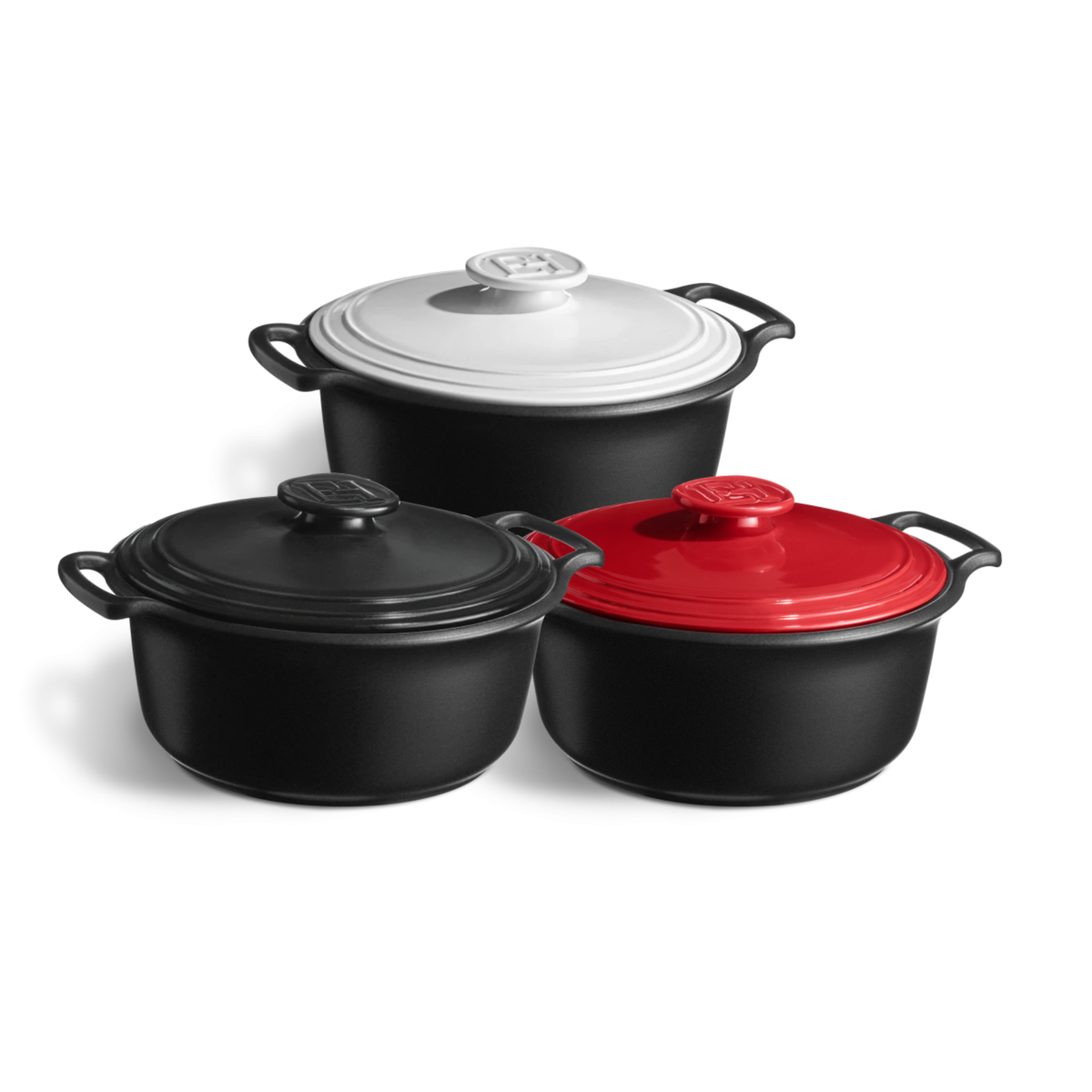 Emile Henry Sublime+ 5.5L Round Casserole with Red Lid Showcasing all Colours