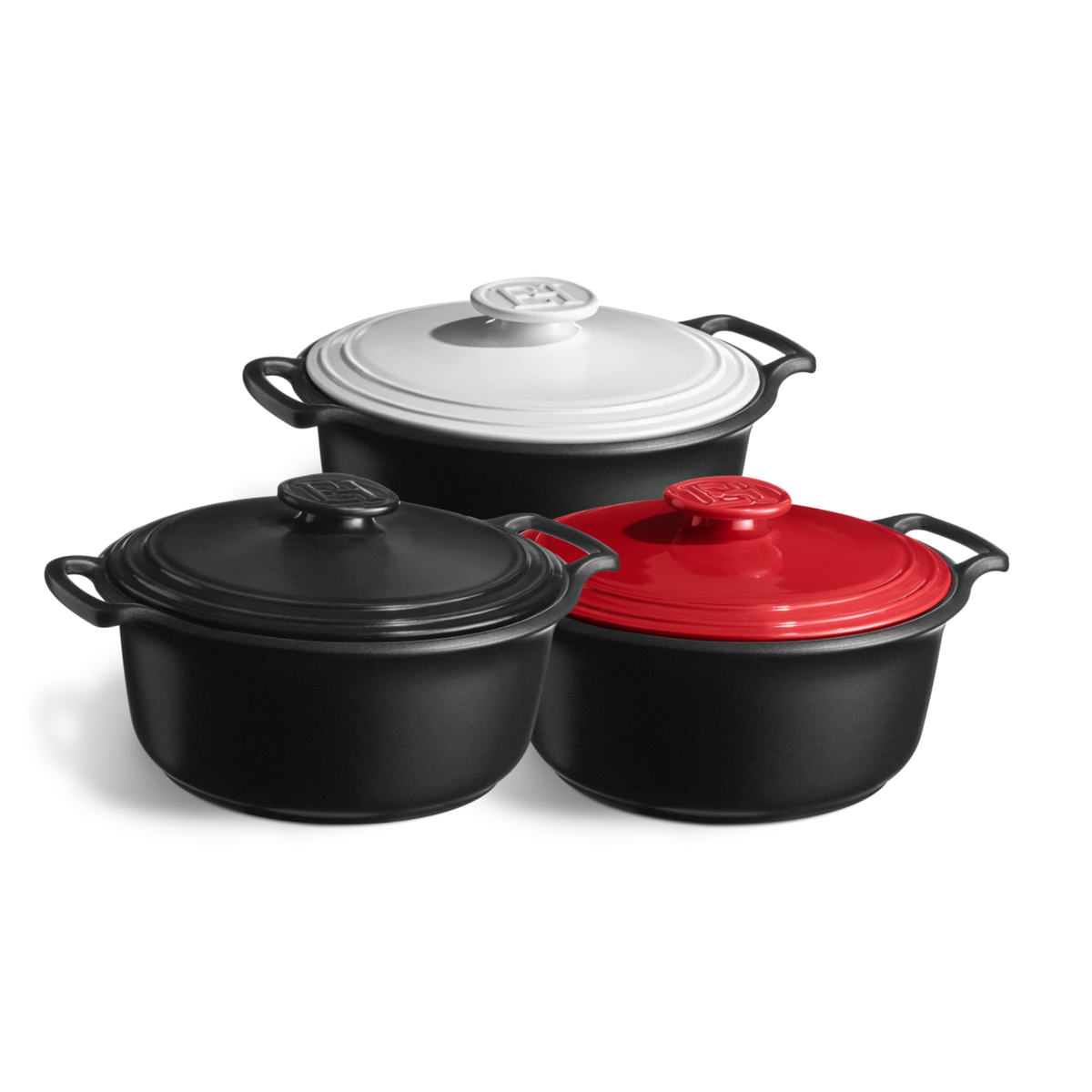 Emile Henry Sublime+ 7L Round Casserole with Red Lid Showcasing all Colours